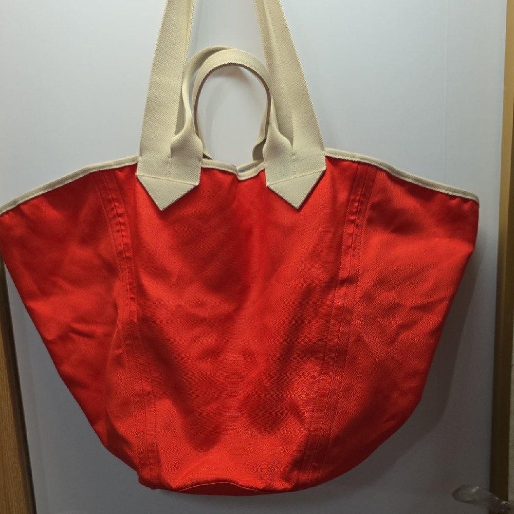 Rothy's Reversible Red Or Blue Tote Bag With Cream Handles.